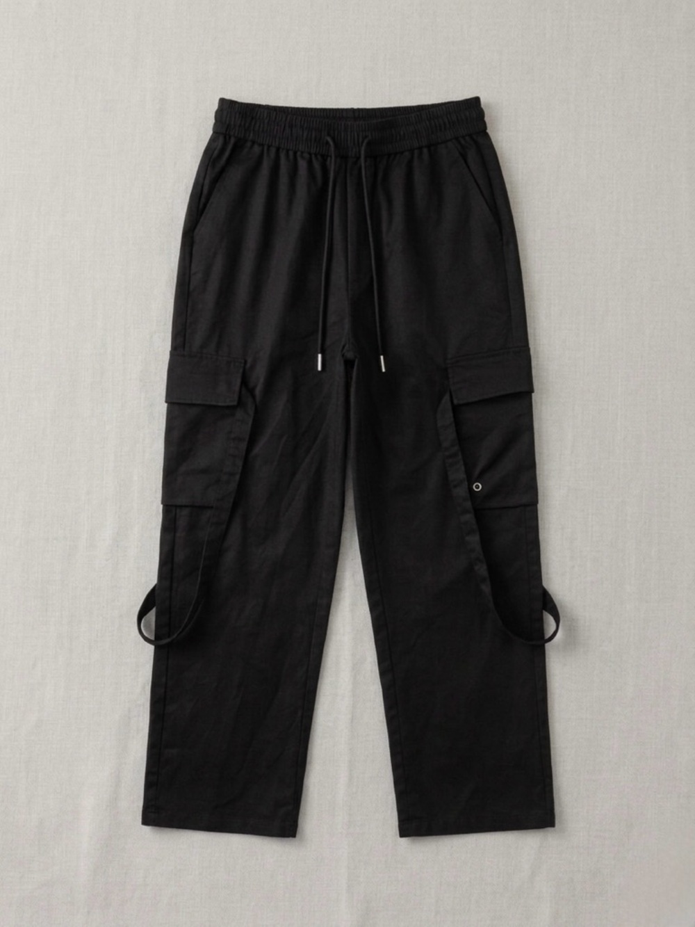 Black Wide-Leg Cargo Pants Eyelet Straps Gothic Streetwear